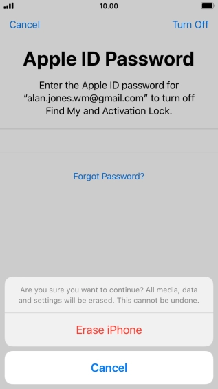 Key in the password for your Apple ID and press Erase iPhone. Wait a moment while the factory default settings are restored. Follow the instructions on the screen to set up your phone and prepare it for use.