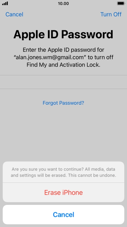 Key in the password for your Apple ID and press Erase iPhone. Wait a moment while the factory default settings are restored. Follow the instructions on the screen to set up your phone and prepare it for use.