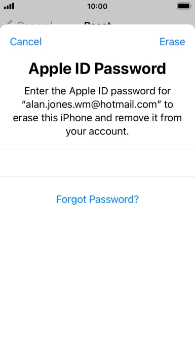 Key in the password for your Apple ID and press Erase. Wait a moment while the factory default settings are restored. Follow the instructions on the screen to set up your phone and prepare it for use.