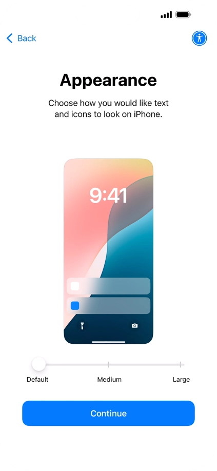 Select the required text and icon size on your phone and press Continue.