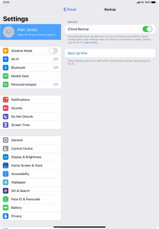Press Back Up Now and wait while the tablet memory is backed up.