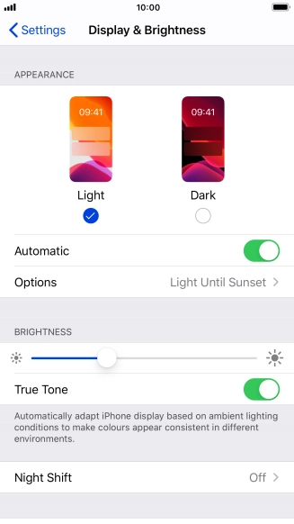 If you turn on the function, press Options and follow the instructions on the screen to select the required period of time for Dark Mode.
