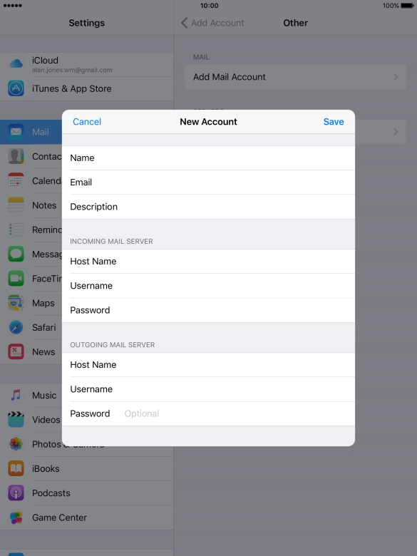 Press Password and key in the password for your email account. Please note that if you're using Vodafone's outgoing server, you have to leave the username and password fields empty.