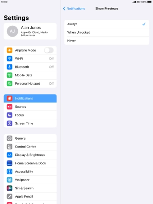 To select notification preview on the lock screen, press Always.