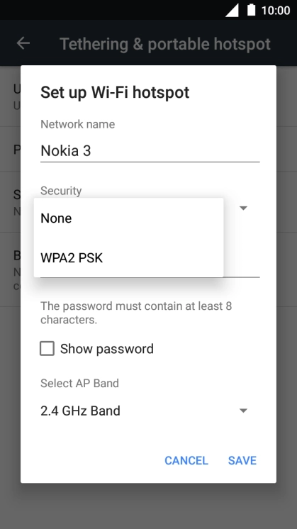 Press WPA2 PSK to password protect your Wi-Fi hotspot.