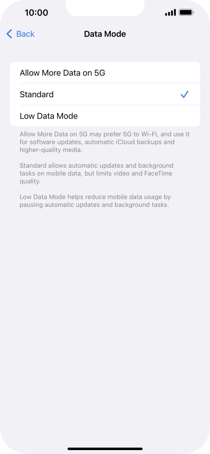 Press the required setting.