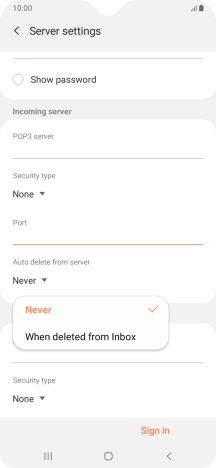 Press Never to keep email messages on the server when you delete them on your phone.