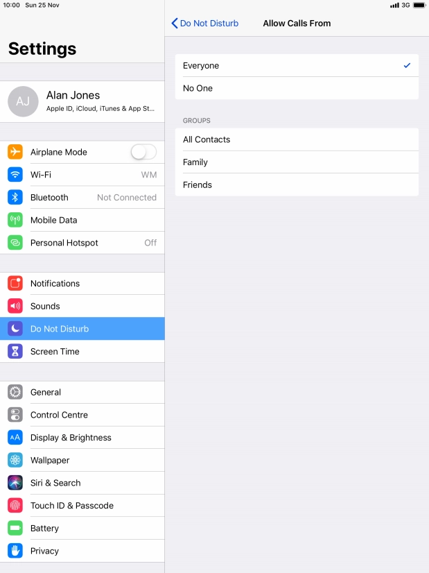 Press the required setting to select which contacts can call you even though Do Not Disturb is turned on.