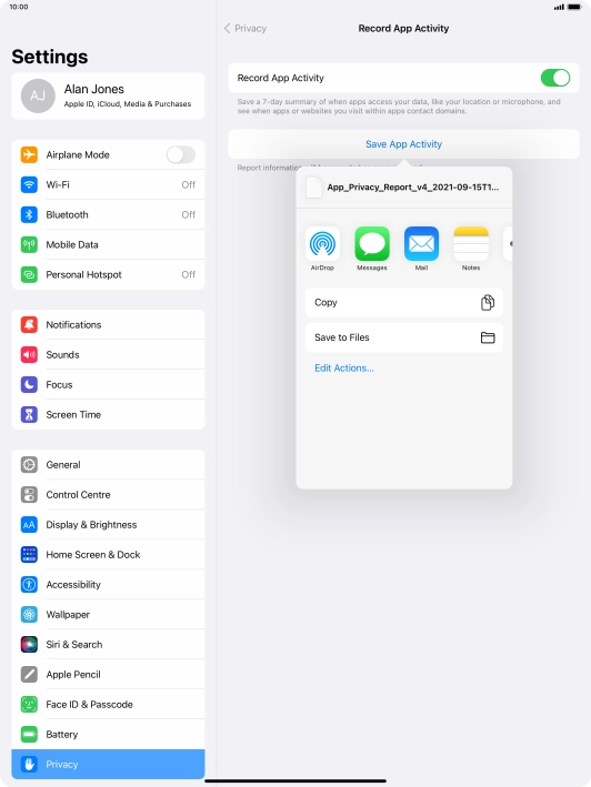 Press the required setting and follow the instructions on the screen to share or save the app activity report.