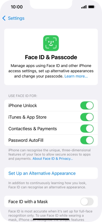 Press the indicators next to the required settings to turn them on or off.