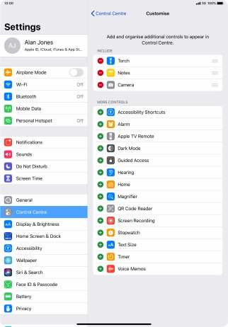 Press the delete icon next to the required function to remove it from Control Centre.