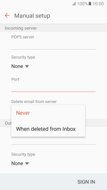 Press Never to keep email messages on the server when you delete them on your phone.