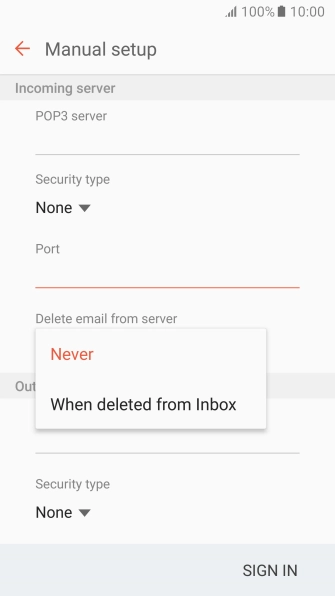 Press Never to keep email messages on the server when you delete them on your phone.