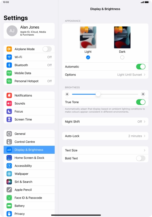 If you turn on the function, press Options and follow the instructions on the screen to select the required period of time for Dark Mode.