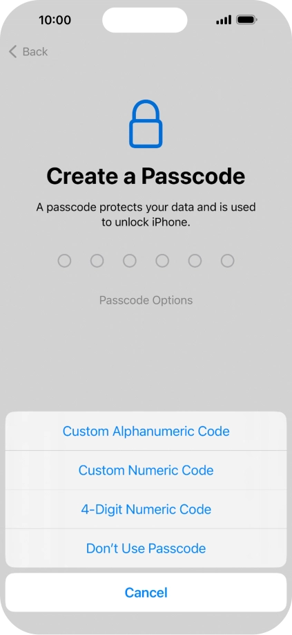 Follow the instructions on the screen to turn on use of phone lock code or press Don't Use Passcode.
