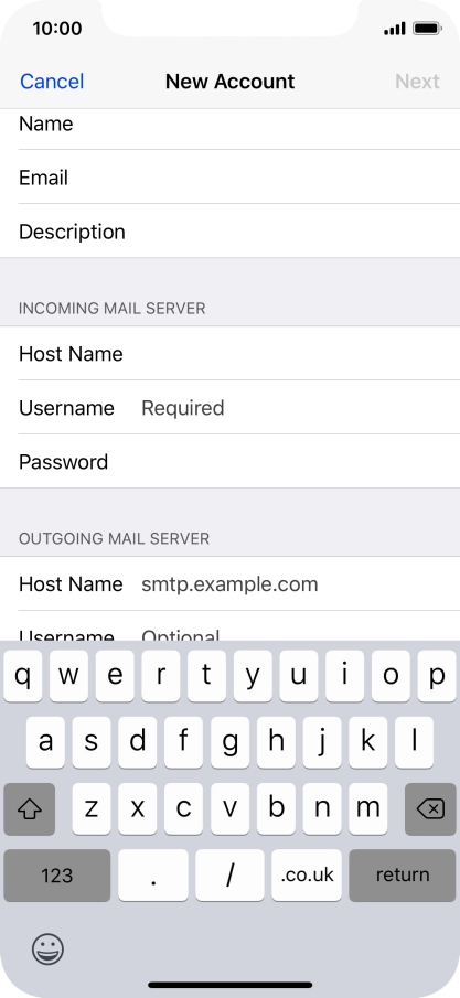 Press Username and key in the username for your email account.