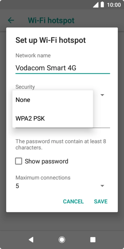Press WPA2 PSK to password protect your Wi-Fi hotspot.