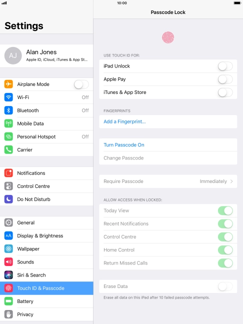 Press Turn Passcode On and key in a lock code of your own choice twice.