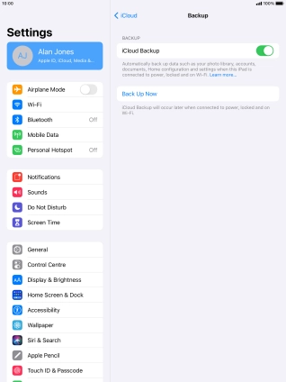 Press Back Up Now and wait while the tablet memory is backed up.