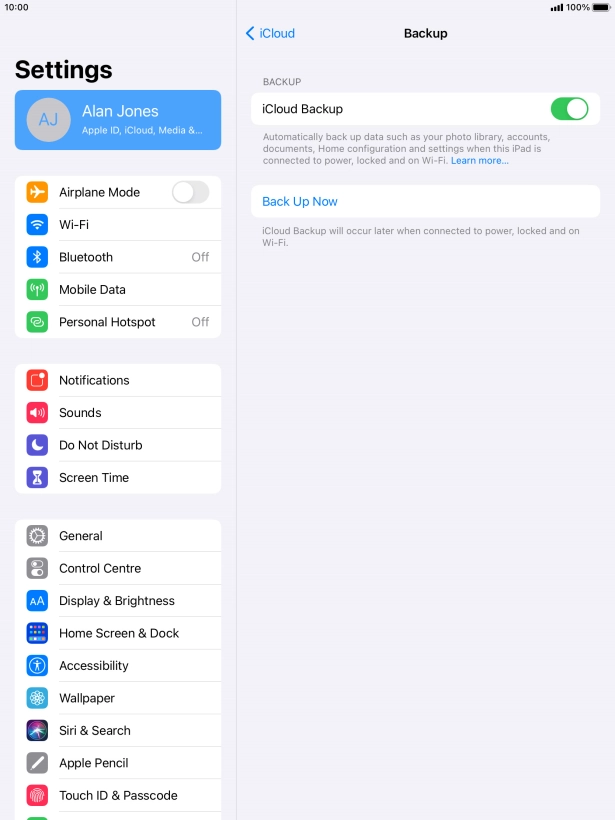 Press Back Up Now and wait while the tablet memory is backed up.