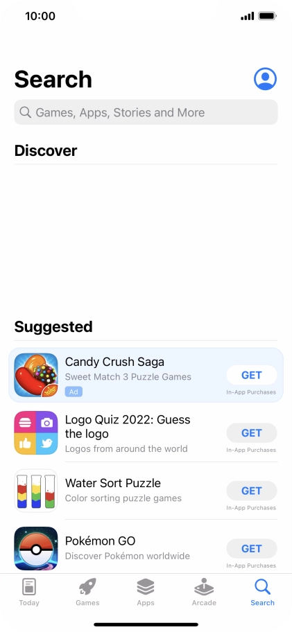 Press the search field and key in the name or subject of the required app.