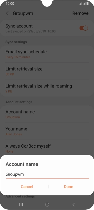 Key in the required name for the email account and press Done.