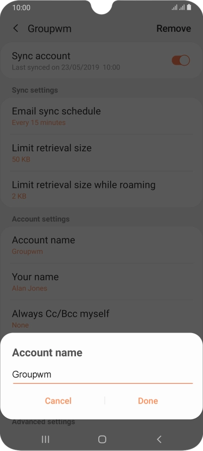 Key in the required name for the email account and press Done.