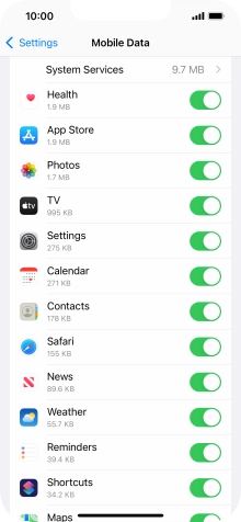Press the indicators next to the required applications to turn the function on or off.