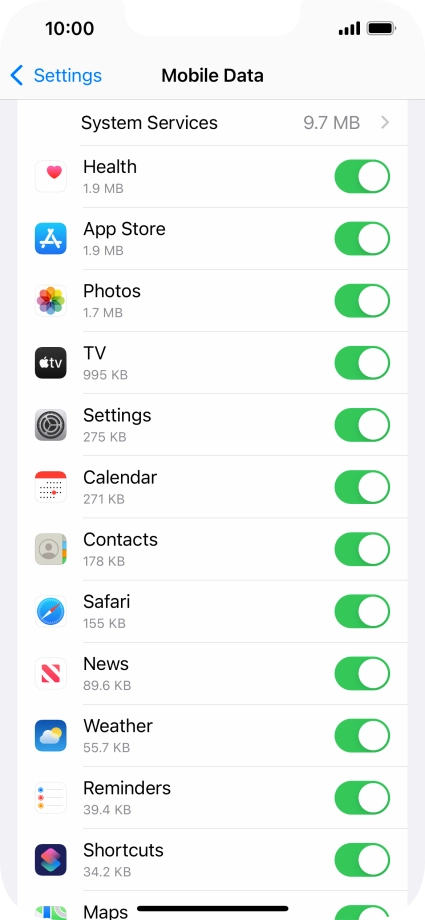 Press the indicators next to the required applications to turn the function on or off.