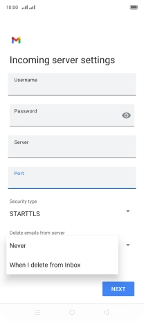 Press Never to keep email messages on the server when you delete them on your phone.