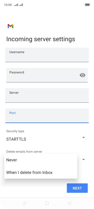 Press Never to keep email messages on the server when you delete them on your phone.