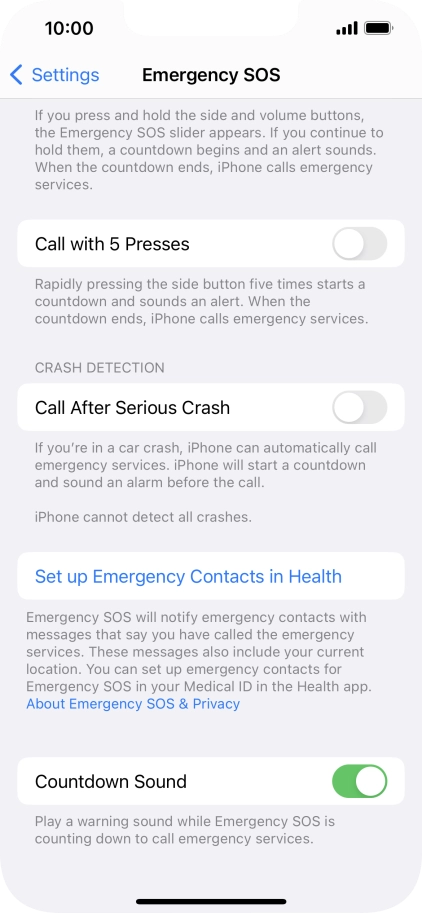 Press Set up Emergency Contacts in Health and follow the instructions on the screen to key in your emergency info and emergency contacts.
