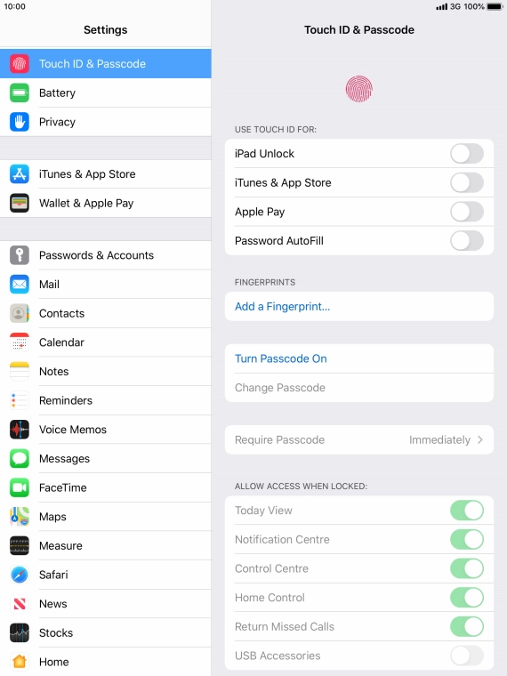 Press Turn Passcode On and key in a lock code of your own choice twice.