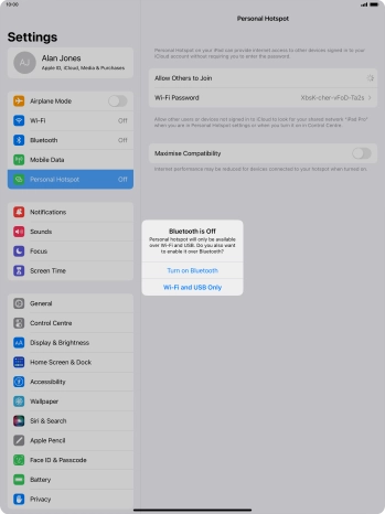 If Wi-Fi is turned on, press Wi-Fi and USB Only.