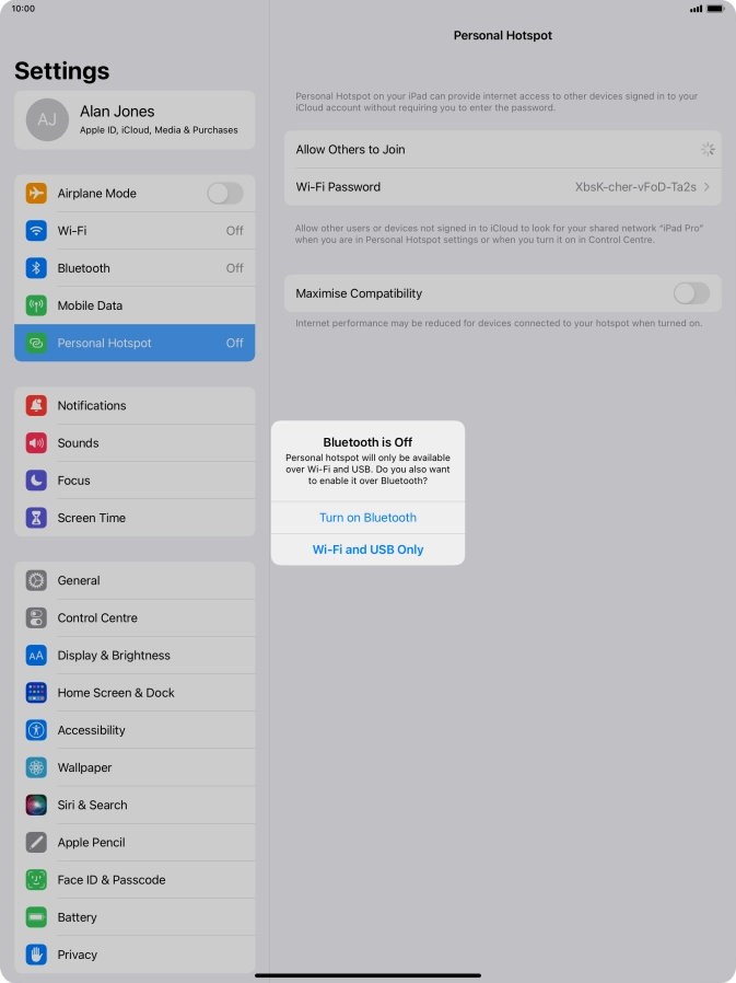 If Wi-Fi is turned on, press Wi-Fi and USB Only.