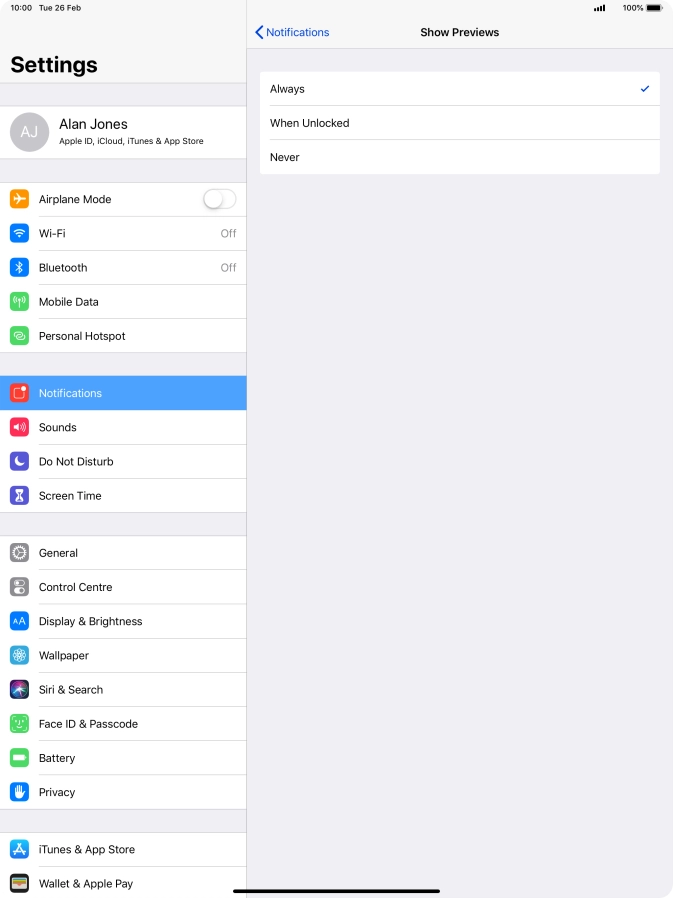 To select notification preview on the lock screen, press Always.