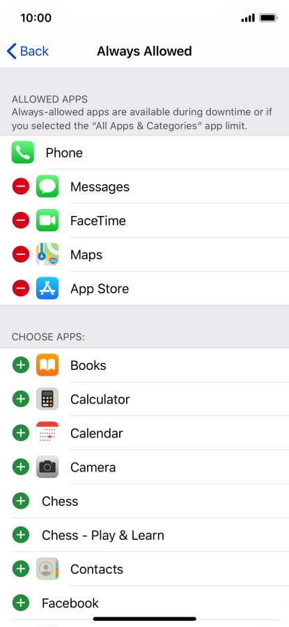 Press the add icon next to the required app to add it to the list of allowed apps during Downtime.
