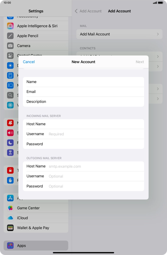 Press Username and key in the username for your email account.