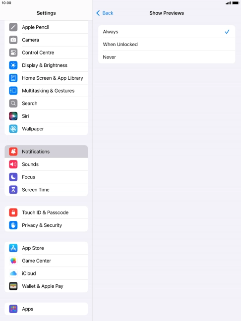 To select notification preview on the lock screen, press Always.