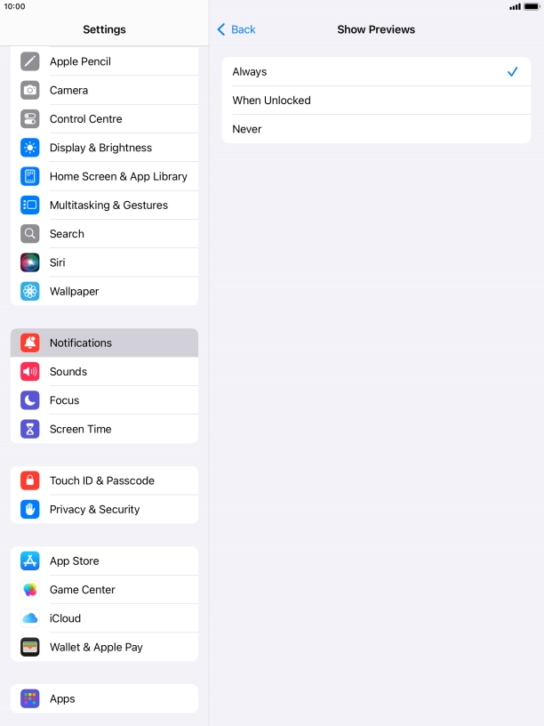 To select notification preview on the lock screen, press Always.