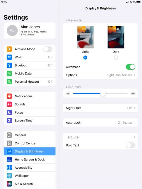 If you turn on the function, press Options and follow the instructions on the screen to select the required period of time for Dark Mode.