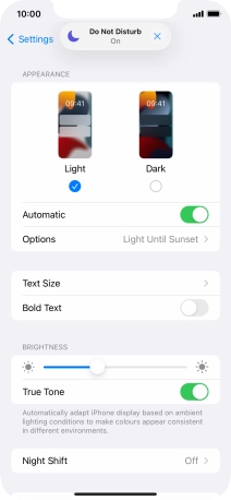 If you turn on the function, press Options and follow the instructions on the screen to select the required period of time for Dark Mode.