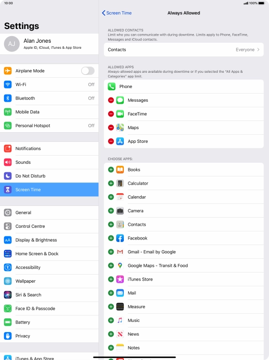Press the remove icon next to the required app to remove it from the list of allowed apps during Downtime.