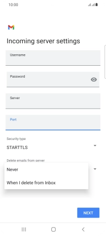 Press Never to keep email messages on the server when you delete them on your phone.