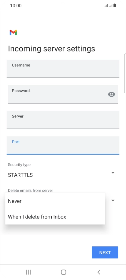 Press Never to keep email messages on the server when you delete them on your phone.
