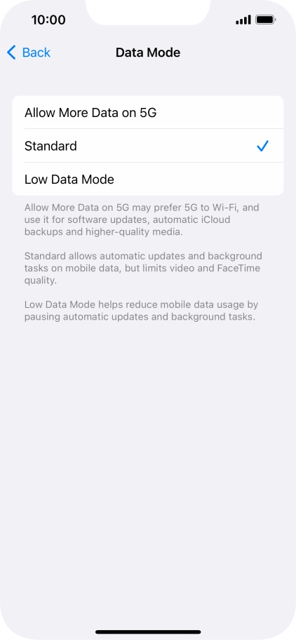 Press the required setting.