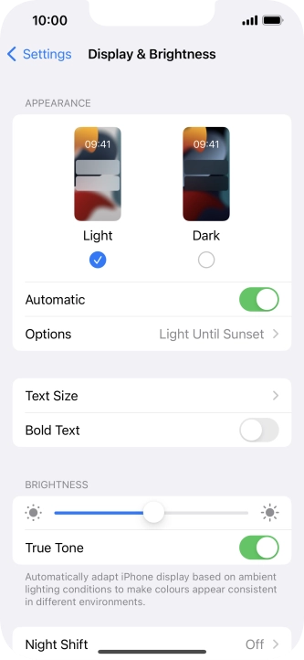 If you turn on the function, press Options and follow the instructions on the screen to select the required period of time for Dark Mode.