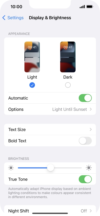 If you turn on the function, press Options and follow the instructions on the screen to select the required period of time for Dark Mode.