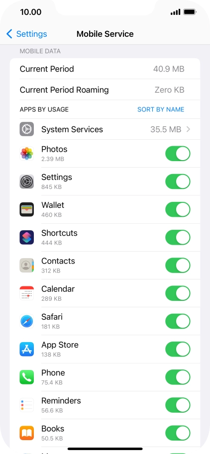 The data usage for each application is displayed below the name of the application.