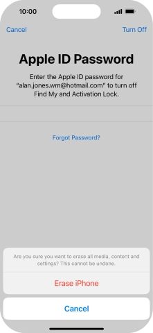 Key in the password for your Apple ID and press Erase iPhone. Wait a moment while the factory default settings are restored. Follow the instructions on the screen to set up your phone and prepare it for use.